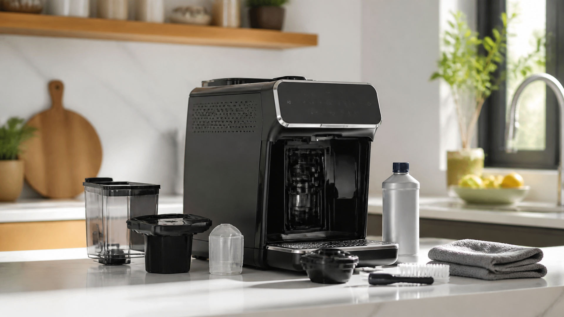 Philips coffee maker on a kitchen counter with cleaning tools nearby