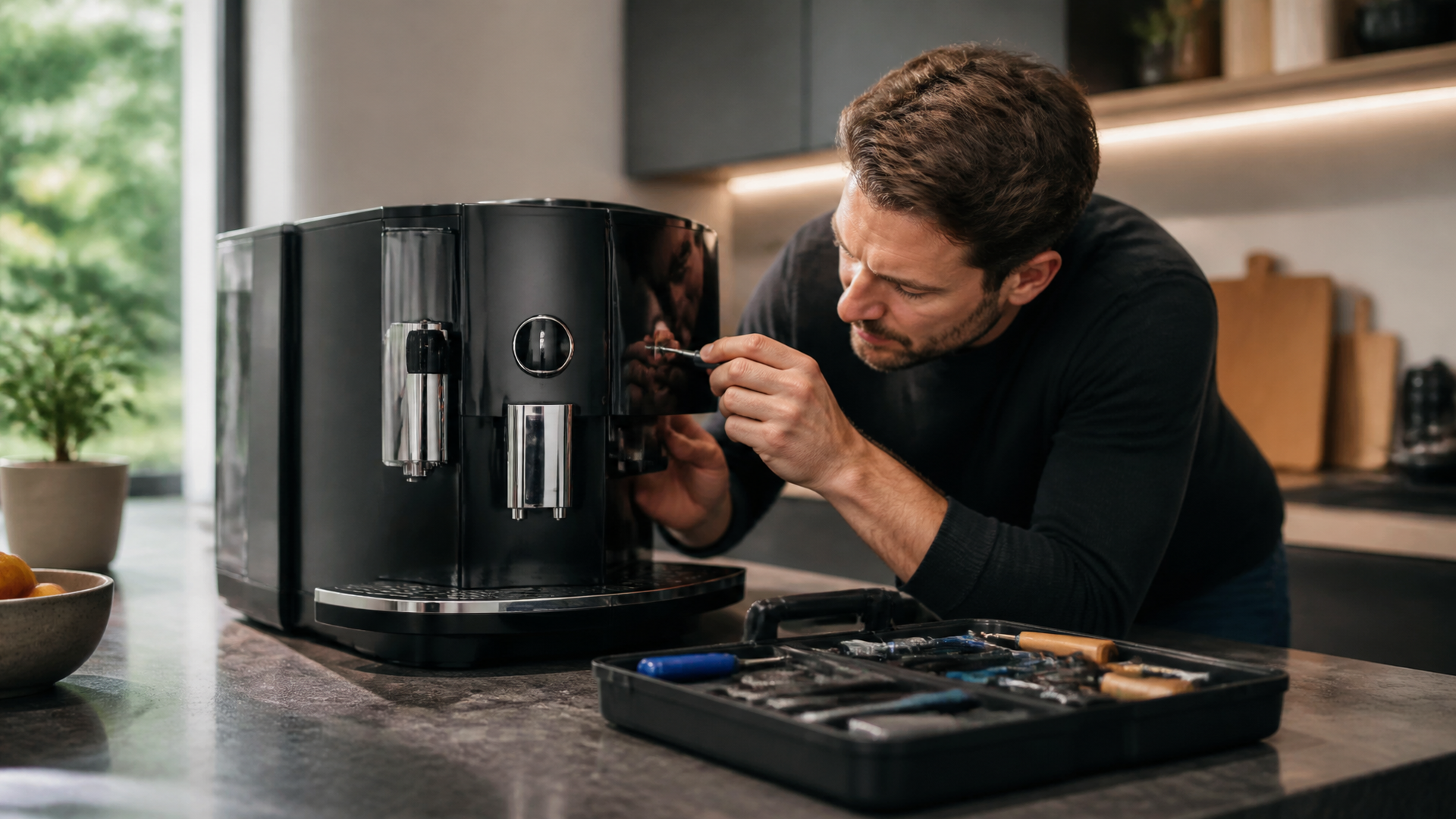 Hand pressing reset button on a Jura coffee machine with a cup of espresso nearby