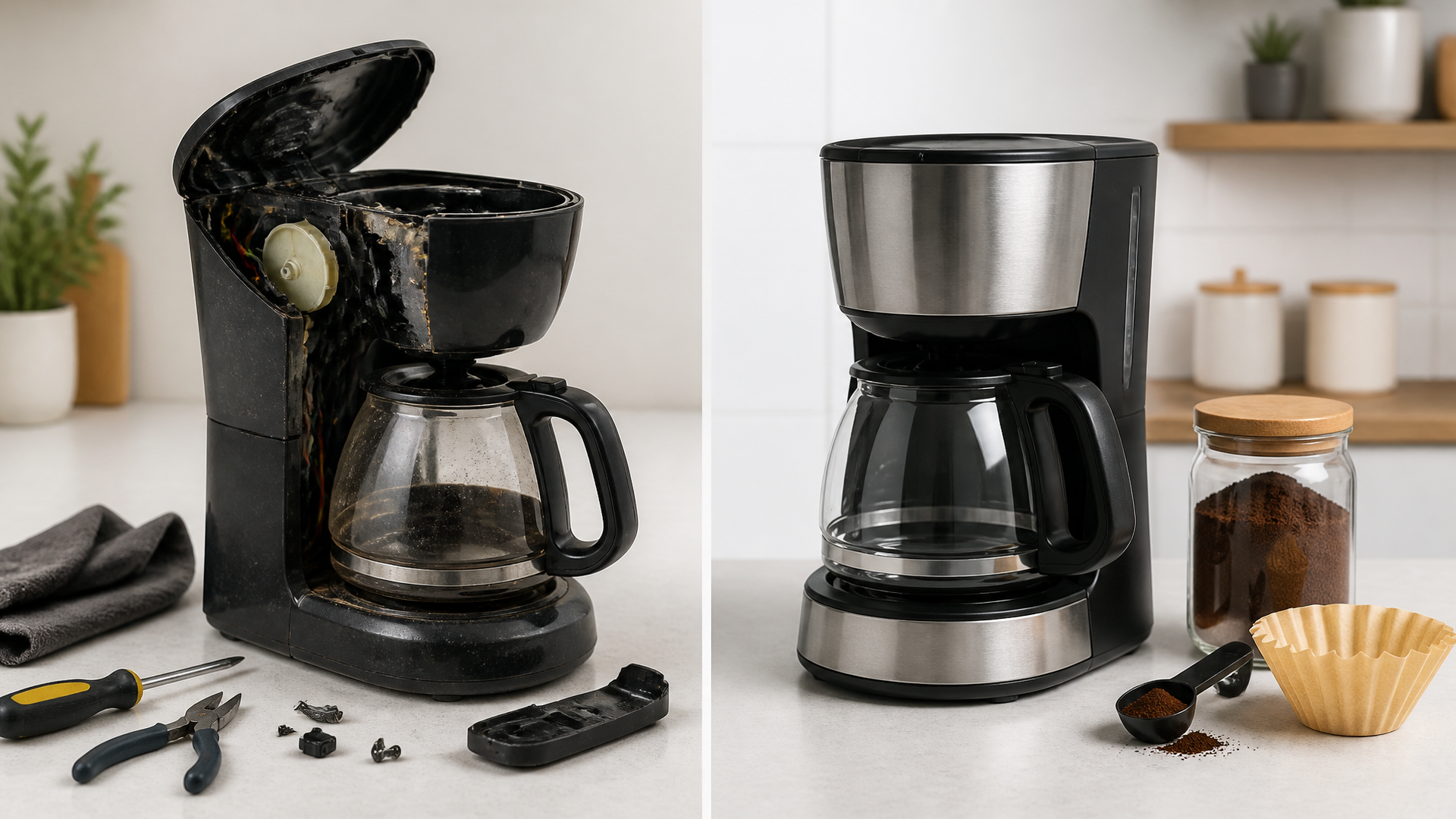 A standard drip coffee maker with a carafe on a kitchen counter, showing signs of malfunction with a repair tool nearby.