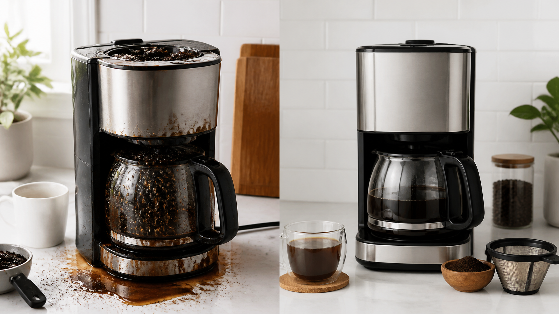 Cuisinart coffee maker with water overflowing from the filter basket onto the counter