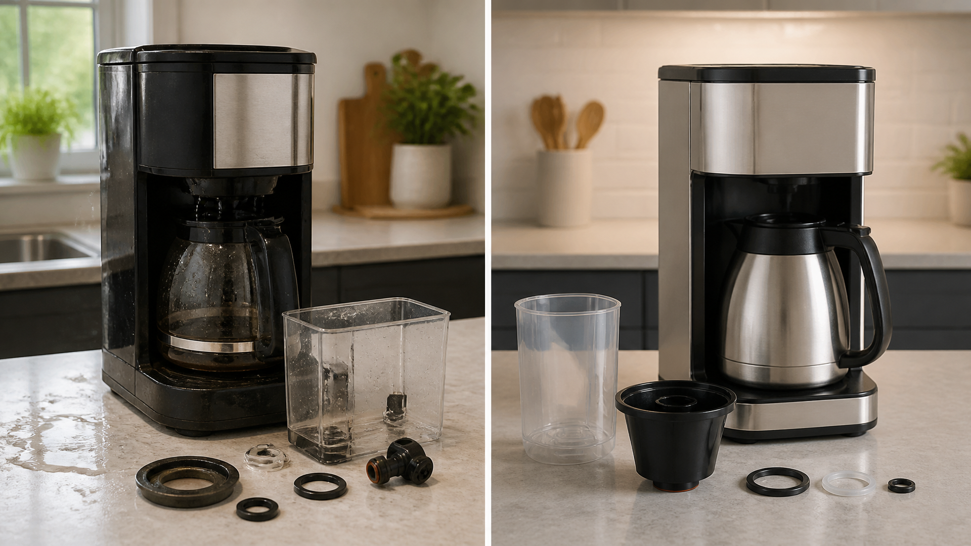 Close-up of a Bunn coffee maker with water pooling on the counter, showing a leak from the brew basket area.