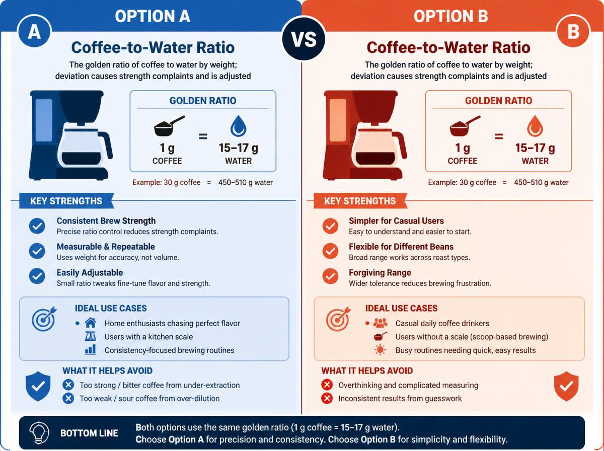 Comparison infographic: Coffee-to-Water Ratio Guide: The Complete Reference for Perfect Brew Strength: (intro/hero area)